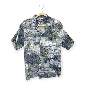 Vintage Go Barefoot Hawaiian Aloha Shirt Blue Green Palm Island Vacation Large